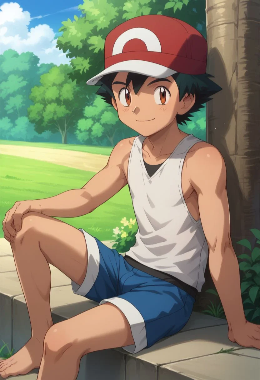 score_9, score_8_up, score_7_up, source_anime, highly detailed, 1boy, solo, male_focus, slender, skinny, cute,
1boy, male focus, hat, brown eyes, smile, outdoors, black hair, day, closed mouth, sleeveless, shirt, short pants, bare foot,
simple background, sitting,