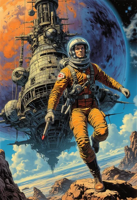 comic book art, a handsome male astronaut wearing sleek modern spacesuit holding a retro laser pistol on (A massive, ancient spaceship floating derelict in deep space.), retro sci-fi style, dynamic lighting, digital art, cinematic shot, fantastically beautiful, illustration, aesthetically inspired by classic sci-fi movies, by Paul Lehr by Jon Whitcomb, samdoesart, dreamlikeart.