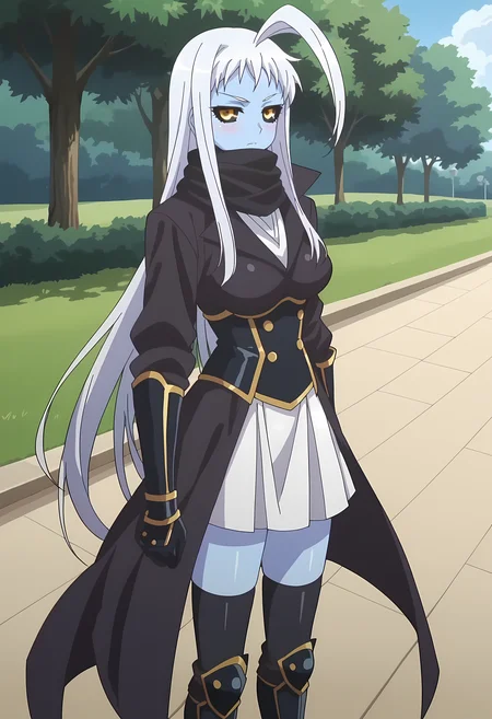 score_9, score_8_up, score_7_up, source_anime, 2d, LalaMM, 1girl, blue skin, white hair, long hair, black-yellow eyes, big breasts, black scarf, black coat, metal armor, metal gloves, white skirt, anime coloring, anime screencap, detailed eyes, zPDXL, perfect faces, uncensored, rating_explicit, <lora:lalamm_0-000035:1>, park,