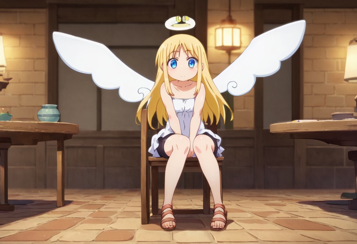 crimvael \(interspecies reviewers\),, blue eyes,blonde hair,long hair,angel,halo,wings,white dress,strapless,bare shoulders,bike shorts,sandals , thighhighs, indoors , sitting on chair,  score_9, score_8_up, score_7_up, ,source_anime, best quality, masterpiece,   , full body view ,   garter straps, collarbone ,  1girl , solo , girl focus ,