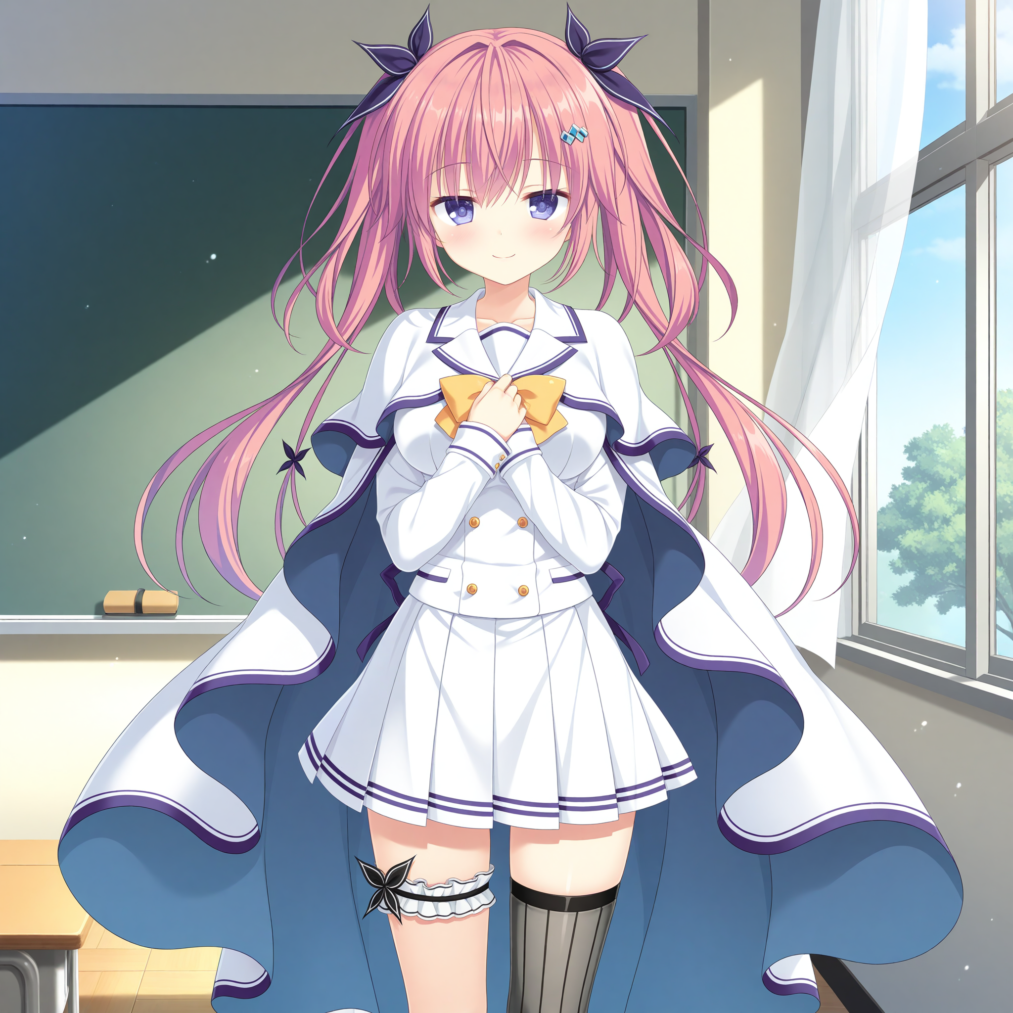 <lora:Shirakawa_Hiyori_1_nai-000033:1>,Shirakawa Hiyori,
white cape,blue lining,twintails,hairclip,hair ribbon,school uniform,pleated skirt,long sleeves,white skirt,miniskirt,white shirt,collared shirt,white sailor collar,yellow bowtie,waist ribbon,purple ribbon,thigh strap,vertical-striped thighhighs,single thighhigh,grey thighhighs,
BREAK
1girl,solo,smile,standing,straight-on,looking at viewer,front view,curtains,window,wind,day,classroom,chalkboard,own hands together,hands on own chest,floating hair,