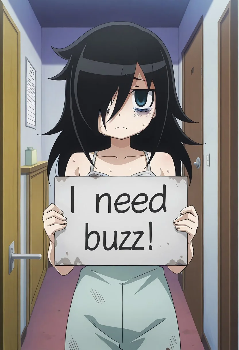 detailed background, official style, anime coloring, (anime screencap) masterpiece, detailed face, 1girl, <lora:Tomoko_Kuroki:0.8>, Tomoko, small breasts, black hair, long hair, bags under eyes, hair between eyes, hair over one eye, flat chest, petit body, skinny, oversized breast cup, sad, sad expression, tears, need_buzz, holding sign, looking at viewer, standing, sweating, dirty clothes, outdoors, pov, opening apartment door,