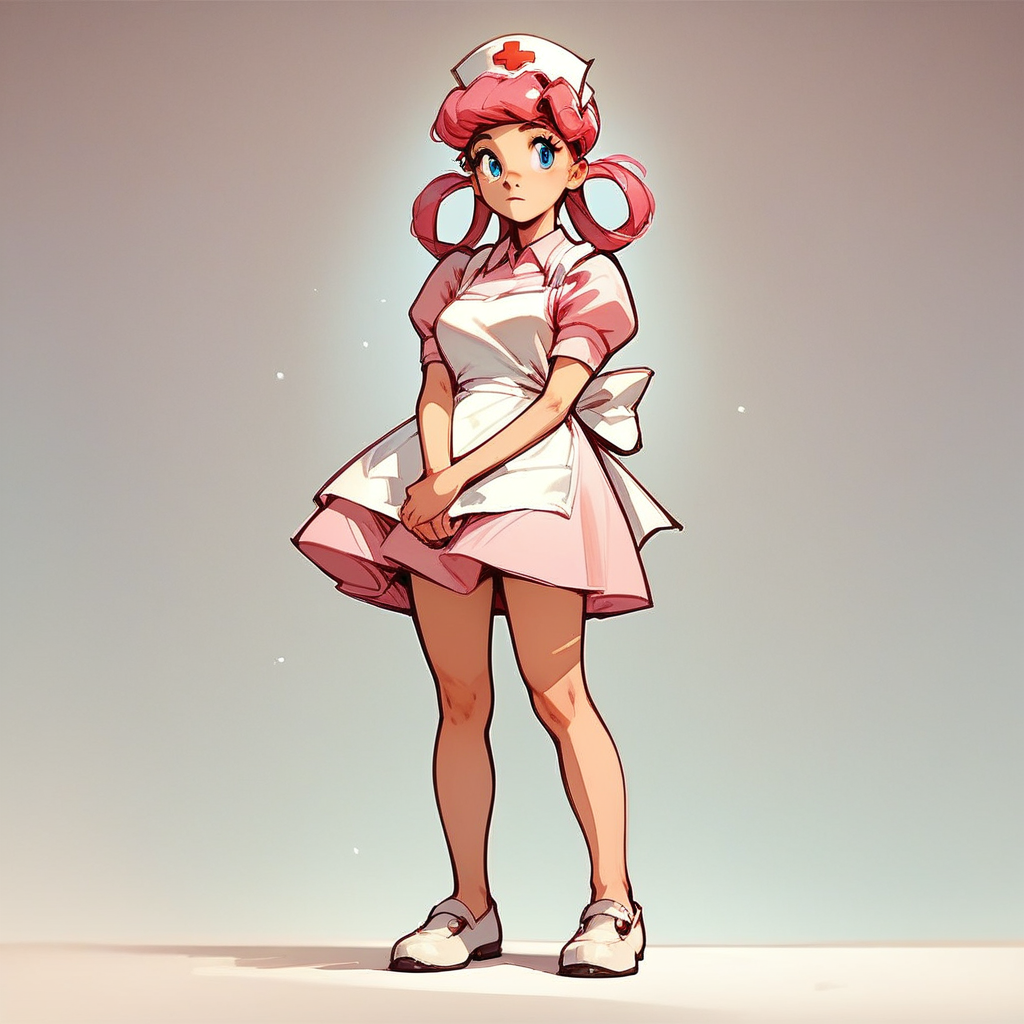 Score_9, score_8_up, score_7_up, Nurs3_j0y, solo, pink hair, hair rings, blue eyes, pink dress, apron, nurse cap, white footwear