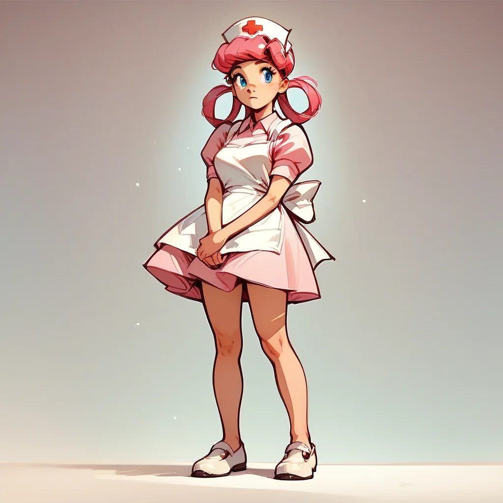 Score_9, score_8_up, score_7_up, Nurs3_j0y, solo, pink hair, hair rings, blue eyes, pink dress, apron, nurse cap, white footwear