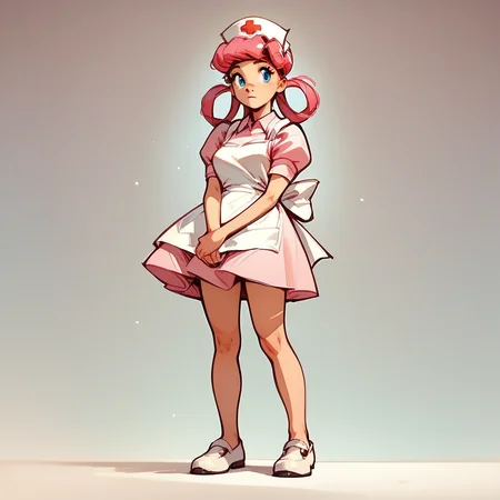 Score_9, score_8_up, score_7_up, Nurs3_j0y, solo, pink hair, hair rings, blue eyes, pink dress, apron, nurse cap, white footwear