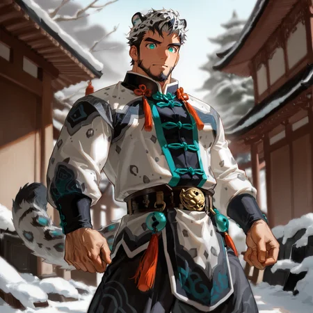 <lora:Won__Alchemist_Code-000003:.7>, tagatamewon, 1boy, short hair, two-tone hair, teal eyes, tiger strapes, solo, male focus, manly, bara, mature male, muscle body, knot, jacket, tangzhuang, long sleeves, belt, pants, socks, shoes, snow leopard ear, snow leopard tail
cowboy shot, 
(very short hair, beard, bara, mature, facial hair, stubble, beard, full beard, sideburn, beard, a lot of beard, ), facial hair,male focus, muscular male, muscular male, bara, mature,  bara, mature, aixiwuganda_(20222192), very awa, masterpiece, best quality, absurdres, newest, perfect quality, detailed background, intricate details,
<lora:slider_Body Type_alpha1.0_rank4_noxattn_last:3><lora:Anime Summer Days 2 Style SDXL_LoRA_Pony Diffusion V6 XL:.6><lora:slider_cfg_scale_boost:.7><lora:Artist6p:.55>, Artist6p, Artist04p,<lora:slider_il_brightness_slider_d1:-1><lora:slider_il_contrast_slider_d1:-1><lora:slider_DarkSlider1.2_alpha1.0_rank16_full_300steps:-.6>