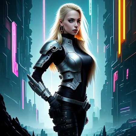 RAW photo, (masterpiece:1.3), subsurface scattering, heavy shadow, (high quality:1.4), (intricate, high detail:1.2), professional photography, HDR, High Dynamic Range, realistic, ultra realistic, photorealistic, high resolution, film photography, ambient lighting, atmospheric effects, OverallDetail:1.3,  1girl, symmetrical hair, armored shoulders, white armored Leotard, black pants, blonde hair, long jacket, cyberpunk, cychar, earrings, eyelashes, hand on hip, holster, jacket, jewelry, lips, long hair, medium breasts, neon lights, silver eyes, outdoors, silver nails, ponytail science fiction, solo, tassel earrings, epiCPhoto