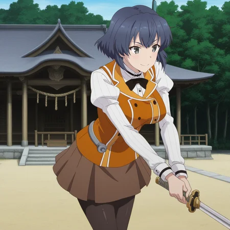 Takako Yonemura, 1girl, toji no miko style, solo, short hair, blue hair, grey eyes, large breasts, school uniform, orange vest, collared shirt, black bowtie, long sleeves, puffy sleeves, brown skirt, black pantyhose, brown shoes, holding sword, swinging weapon, smile, standing, legs together
BREAK
outside, shrine, daytime
BREAK
anime screencap, anime coloring, anime colored background, detailed background, detailed face, shiny skin, shiny hair, absurdes, highres, dynamic pose, masterpiece, best quality, official art, cel shaded, graphic illustration, digital painting, CGI, very detailed, amazing quality, intricate details, dynamic pose, HDR, UHD, 8K, Fineline illustration, Highly detailed, ultra-fine painting, sharp focus, Professional, Vivid Colors <lora:add-detail-xl:1> <lora:DetailedEyes_V3:1> <lora:Toji_no_miko_character_pack_Illustrious:1>