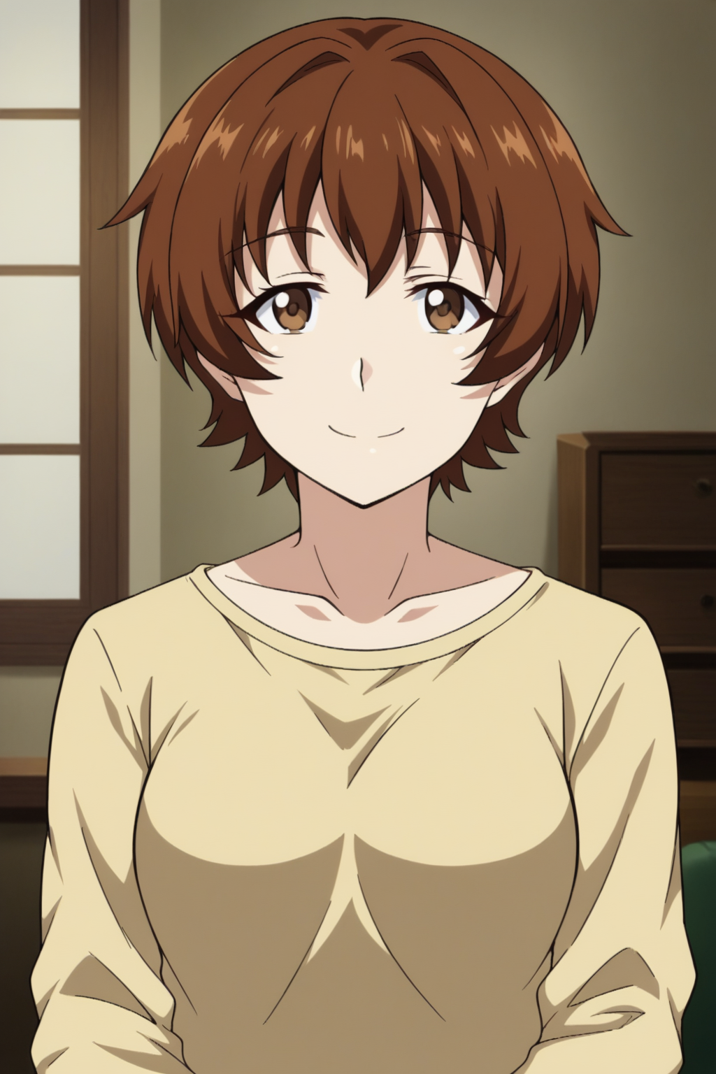 <lora:Onesta-Isekai_Meikyuu_de_Harem_wo:0.8>,Onesta,1girl,brown hair,brown eyes,short hair,shirt,upper body,smile,looking at viewer,indoors