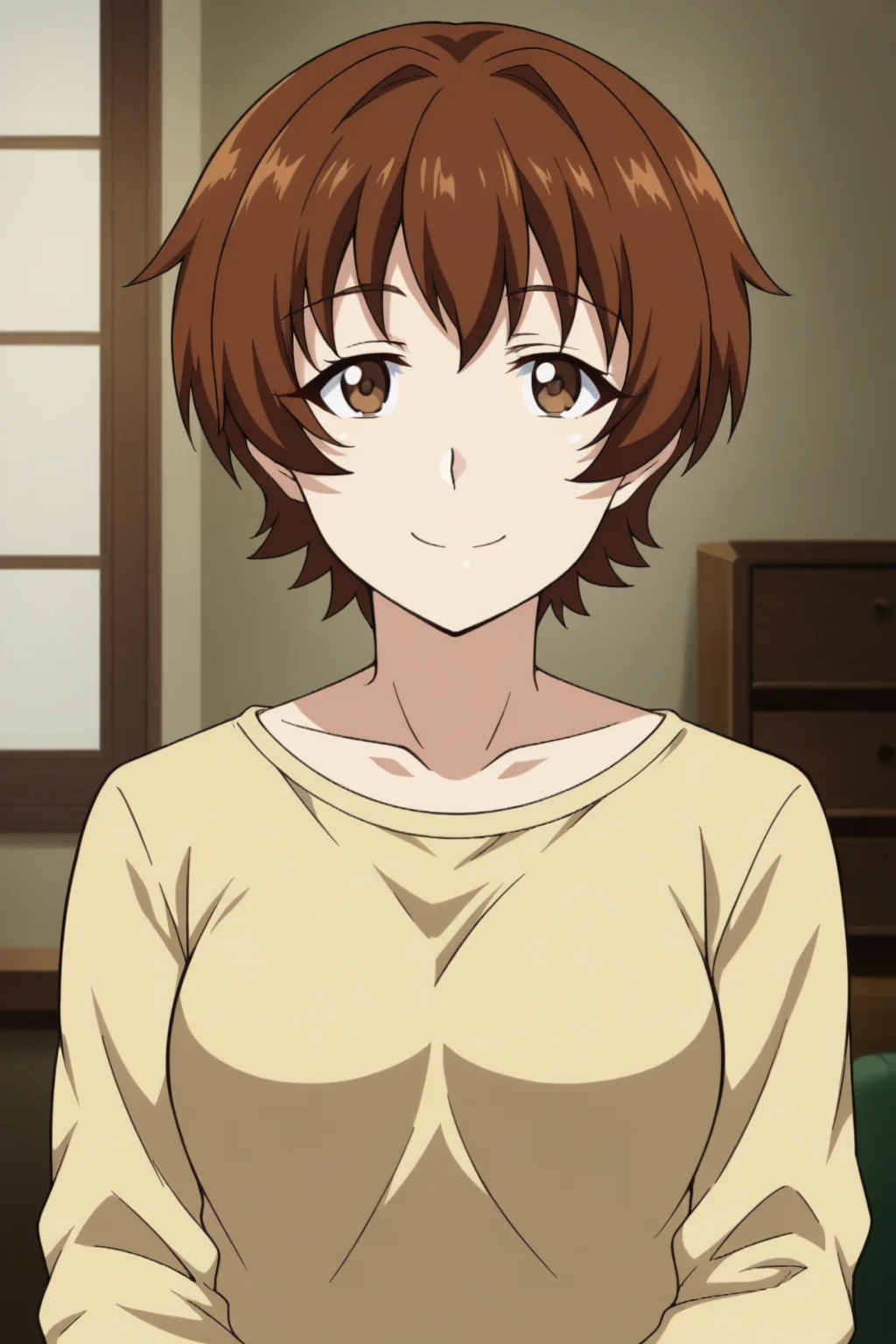 <lora:Onesta-Isekai_Meikyuu_de_Harem_wo:0.8>,Onesta,1girl,brown hair,brown eyes,short hair,shirt,upper body,smile,looking at viewer,indoors