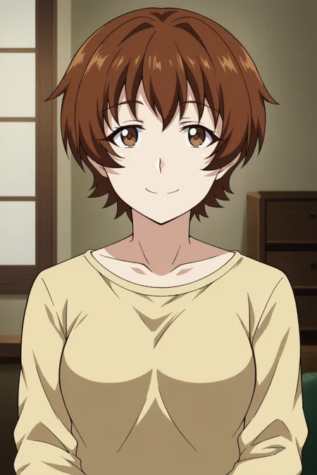 <lora:Onesta-Isekai_Meikyuu_de_Harem_wo:0.8>,Onesta,1girl,brown hair,brown eyes,short hair,shirt,upper body,smile,looking at viewer,indoors