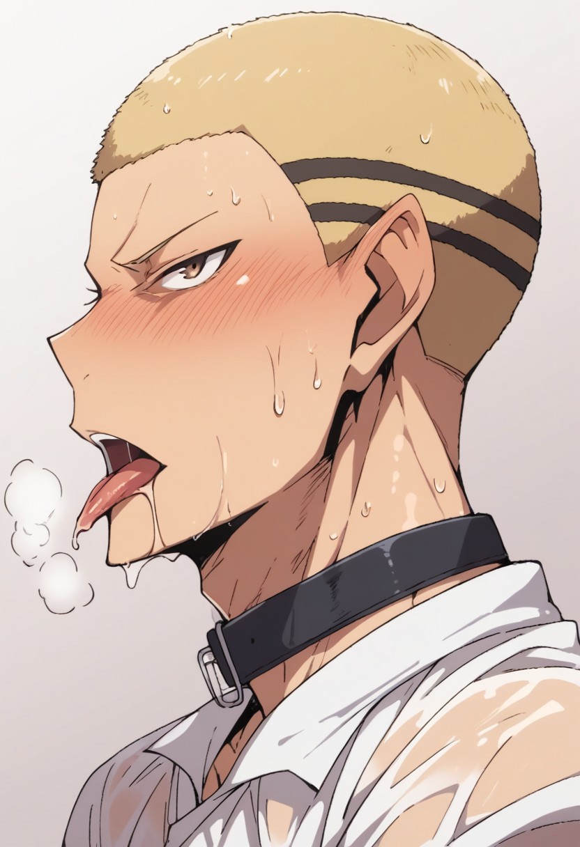 score_9, score_8_up, score_7_up, source_anime, rating_explicit, wet, Kenaikyu, 1boy, male focus, blonde buzz cut, black collar, blushing, open mouth, tongue out, from side, drooling, breathing heavily,