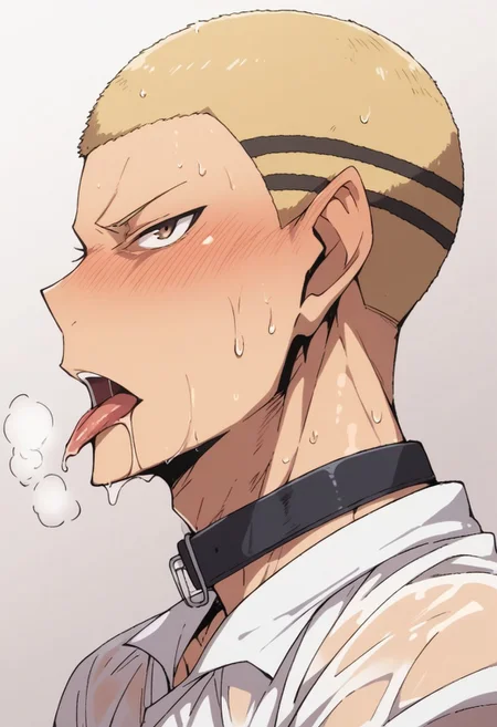 score_9, score_8_up, score_7_up, source_anime, rating_explicit, wet, Kenaikyu, 1boy, male focus, blonde buzz cut, black collar, blushing, open mouth, tongue out, from side, drooling, breathing heavily,