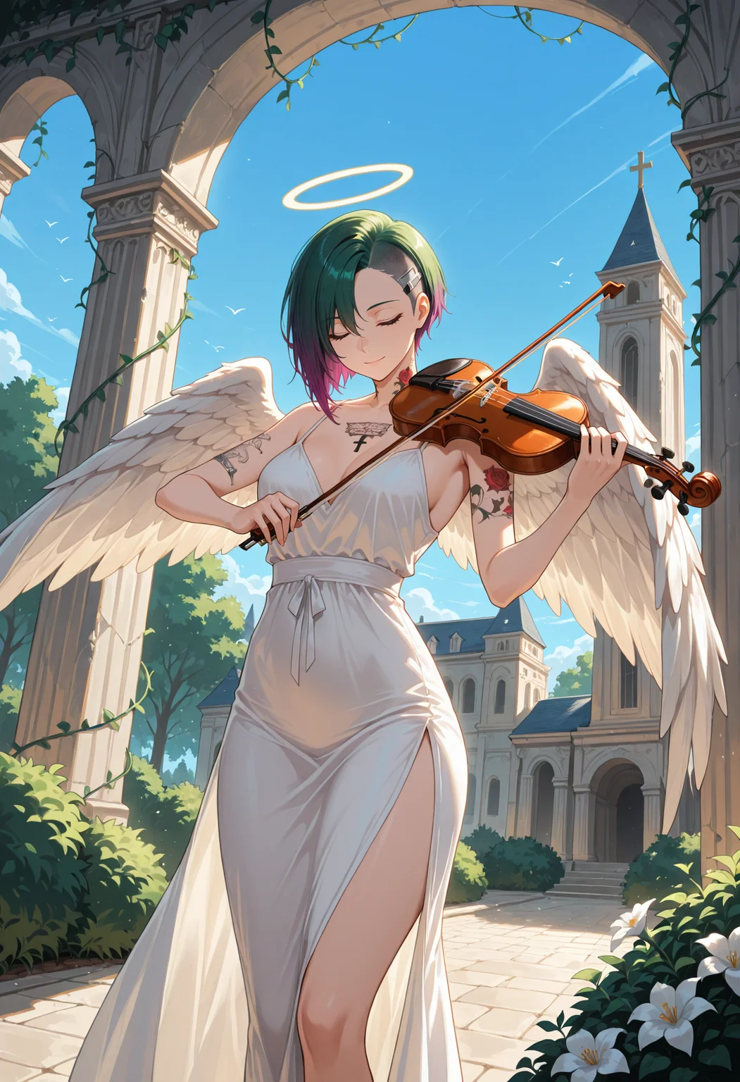 masterpiece, best quality, highres, absurdres, 1girl, solo, jdalvrz, neck tattoo, short hair, gradient hair, green hair, purple hair, asymmetrical hair, undercut, sidecut, angel, angel wings, halo, white dress, outdoors, architecture, pillar, bush, (nature:0.9), vines, scenery, white flower, holding instrument, holding violin, music, playing instrument, standing, violin, closed eyes, cross, arch, blue sky, dutch angle, looking at viewer, light smile, closed mouth