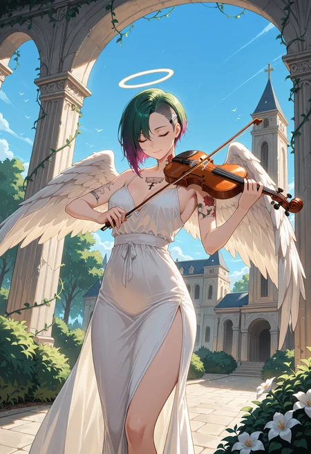 masterpiece, best quality, highres, absurdres, 1girl, solo, jdalvrz, neck tattoo, short hair, gradient hair, green hair, purple hair, asymmetrical hair, undercut, sidecut, angel, angel wings, halo, white dress, outdoors, architecture, pillar, bush, (nature:0.9), vines, scenery, white flower, holding instrument, holding violin, music, playing instrument, standing, violin, closed eyes, cross, arch, blue sky, dutch angle, looking at viewer, light smile, closed mouth