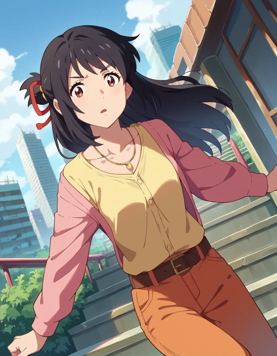 score_9, score_8_up, score_7_up, source_anime,
mitsuhamiyamizu, <lora:mitsuha-miyamizu-ponyxl-lora-nochekaiser:1>,
mitsuha miyamizu, black hair, brown eyes,
long hair, straight hair, hair ribbon, cardigan, pink cardigan, shirt, yellow shirt, belt, pants, orange pants, necklace, collarbone,
outdoors, cityscape, stairs,
looking at viewer, dutch angle, cowboy shot, dynamic pose,