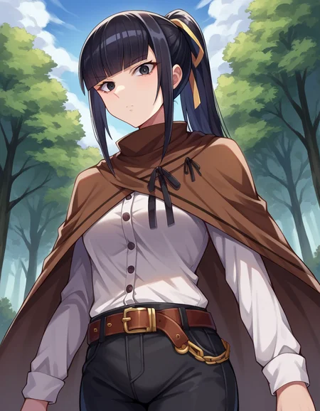 score_9, score_8_up, score_7_up, source_anime,
narberalgamma, <lora:narberal-gamma-ponyxl-lora-nochekaiser:1>,
narberal gamma, black hair, high ponytail, long hair, slanted eyes, narrow eyes, black eyes,
belt, belt buckle, black pants, black ribbon, brown cape, buckle, buttons, cape, pants, ribbon-trimmed cape, white shirt,
outdoors, forest, nature,
looking at viewer, cowboy shot, dutch angle,