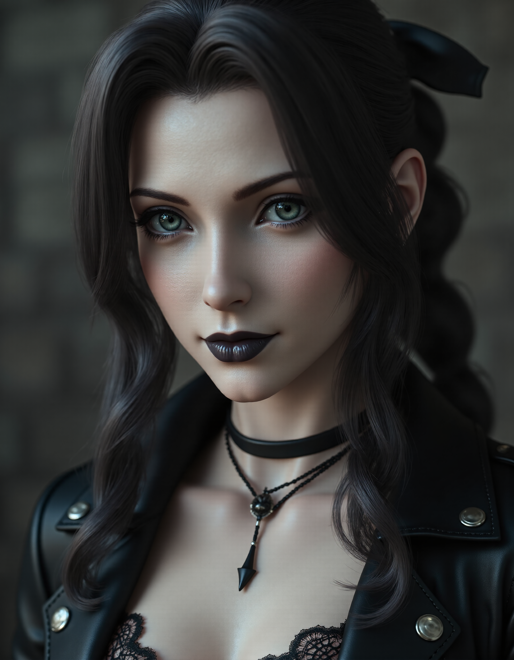 <lora:aerithffvii:1> AerithFFVIIwoman, photo of a goth woman wearing iconic black outfit, sexy goth, black hair, black makeup, pale skin, lace choker, evil grin, dark steampunk city background, Background: dark and spooky vibes, horror, sharp background, highly detailed background, everything in focus, intricate details everywhere, no blur, high clarity, high-definition scene, hyper-detailed environment, deep focus, infinite depth of field, no bokeh, no soft focus, high f-stop (f/16, f/22), sharp textures throughout, ultra-sharp depth, 4K ultra-sharp details, high-resolution detailing, maximum sharpness, crisp edges, perfectly focused background, realistic depth clarity