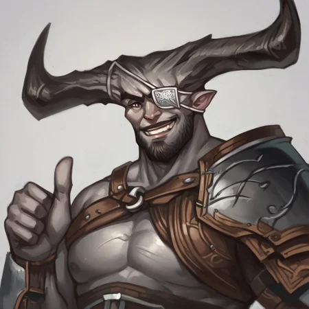 score_7_up, score_8_up, source_anime, 2d, cowboy shot, 
BREAK,
solo male, upper body, IronBull, horns, eyepatch, grey skin, facial hair, armor, (thumbs up), smile, simple background,
