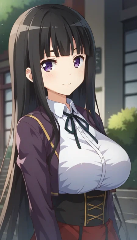score_9,score_8_up,score_7_up,score_6_up BREAK official art,solo,outdoors,upper body,(portrait:1.5),looking at viewer,facing viewer,smile,blush,(petite:2),Kotoko Miura,very long hair,black hair,hime cut,blunt bangs,purple eyes,school uniform,purple jacket,white shirt,collared shirt,neck ribbon,black ribbon,large breasts,underbust,long sleeves,shirt tucked in,red skirt,high-waist skirt,black socks,uwabaki,white footwear,<lora:Kotoko Miura(jk ohaborssg)-Pony:1.4>,