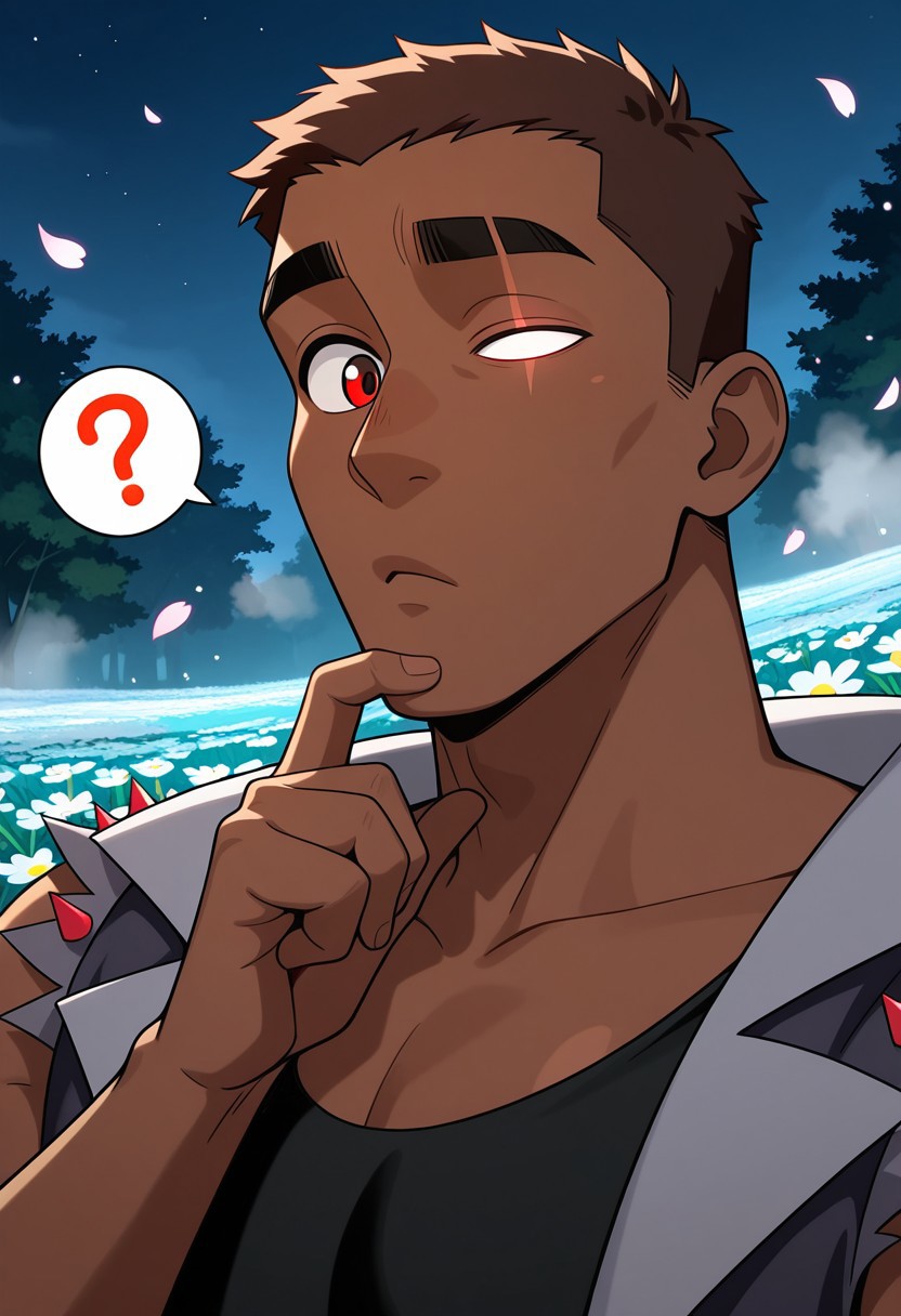 MASTERPIECE, AMAZING QUALITY, 1BOY, TEX, PORTRAIT, HUMAN FORM, DARK SKIN, BROWN HAIR, RED EYE, SINGLE WHITE EYE, SPIKED VEST, SHIRT, CONFUSED, SPOKEN QUESTION MARK, FINGER ON CHIN, BREAK, FLOWER MEADOW, PETALS, NIGHT, FOG,