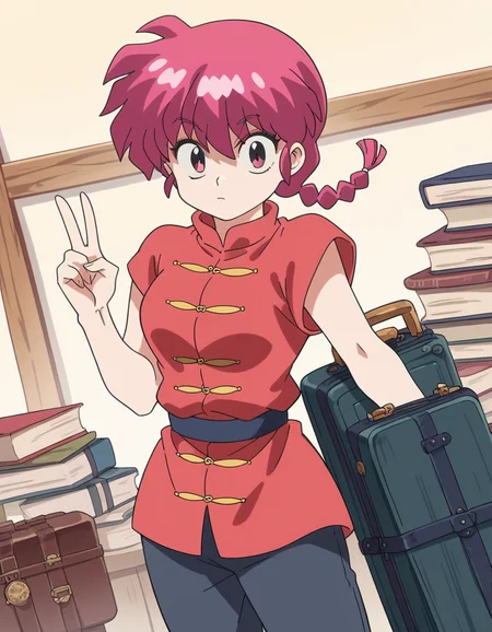 score_9, score_8_up, score_7_up, source_anime, <lora:ranma-saotome-alpha-ponyxl-lora-nochekaiser:1>, ranma saotome, braid, red hair, single braid, braided ponytail, red eyes, medium breasts,, pants, chinese clothes, tangzhuang,, airport, waiting area, suitcase, flight delayed, passengers, reading book, , looking at viewer, v,, solo,, cowboy shot, dutch angle,