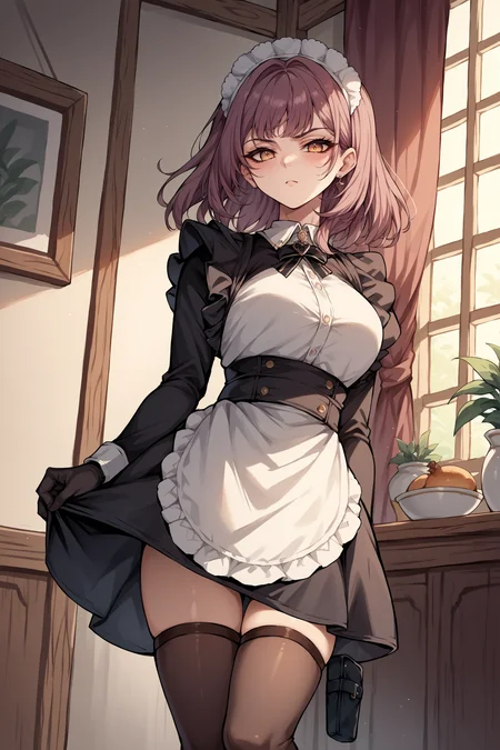 score_9, score_8_up, score_7_up, , rating_general,1girl ,dvmd, maid headdress, maid, black gloves, maid apron, thigh holster, thighhighs, source_anime, indoors,  cowboy shot,  <lora:DevonshirePDANICAMEq2v1.3 AL-000008:1>,  facing viewer,