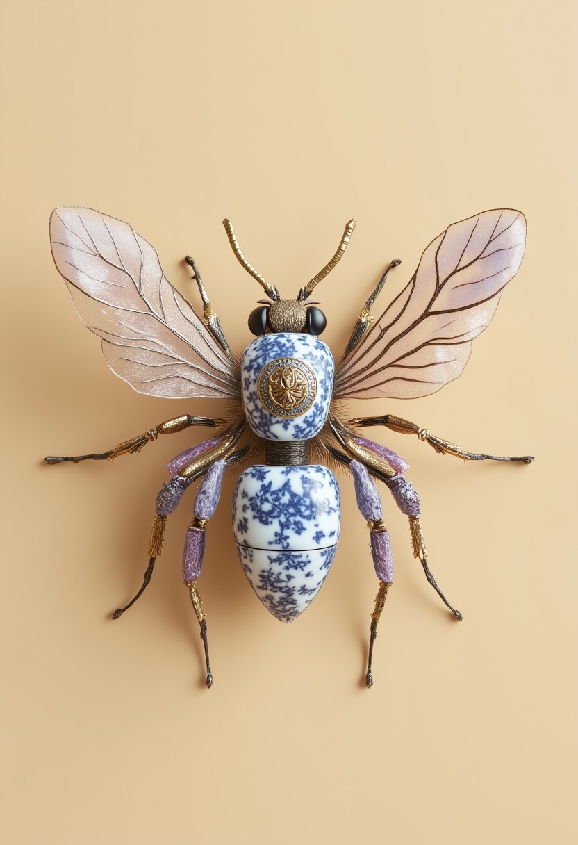 On a beige solid color background, a mechanical bee, covered in a Blue and white porcelain-patterned floral skin print,rendered in cinema4d style, dreamy and Romantic, Ray Tracing, Brandon Werfel, delicate materials, ethereal and dreamy, luminous, Translucent colors, Lavender and Pale Gold,mechanical parts anatomical, carbon made, with cable, octane render, unreal engine 5, volumetric lighting, diffuse lighting, 8k, hyper-detailed, HDR
