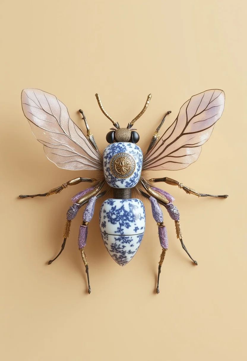 On a beige solid color background, a mechanical bee, covered in a Blue and white porcelain-patterned floral skin print,rendered in cinema4d style, dreamy and Romantic, Ray Tracing, Brandon Werfel, delicate materials, ethereal and dreamy, luminous, Translucent colors, Lavender and Pale Gold,mechanical parts anatomical, carbon made, with cable, octane render, unreal engine 5, volumetric lighting, diffuse lighting, 8k, hyper-detailed, HDR