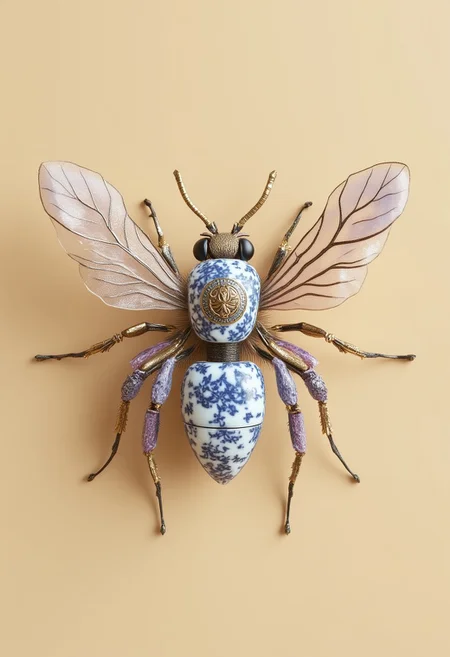 On a beige solid color background, a mechanical bee, covered in a Blue and white porcelain-patterned floral skin print,rendered in cinema4d style, dreamy and Romantic, Ray Tracing, Brandon Werfel, delicate materials, ethereal and dreamy, luminous, Translucent colors, Lavender and Pale Gold,mechanical parts anatomical, carbon made, with cable, octane render, unreal engine 5, volumetric lighting, diffuse lighting, 8k, hyper-detailed, HDR