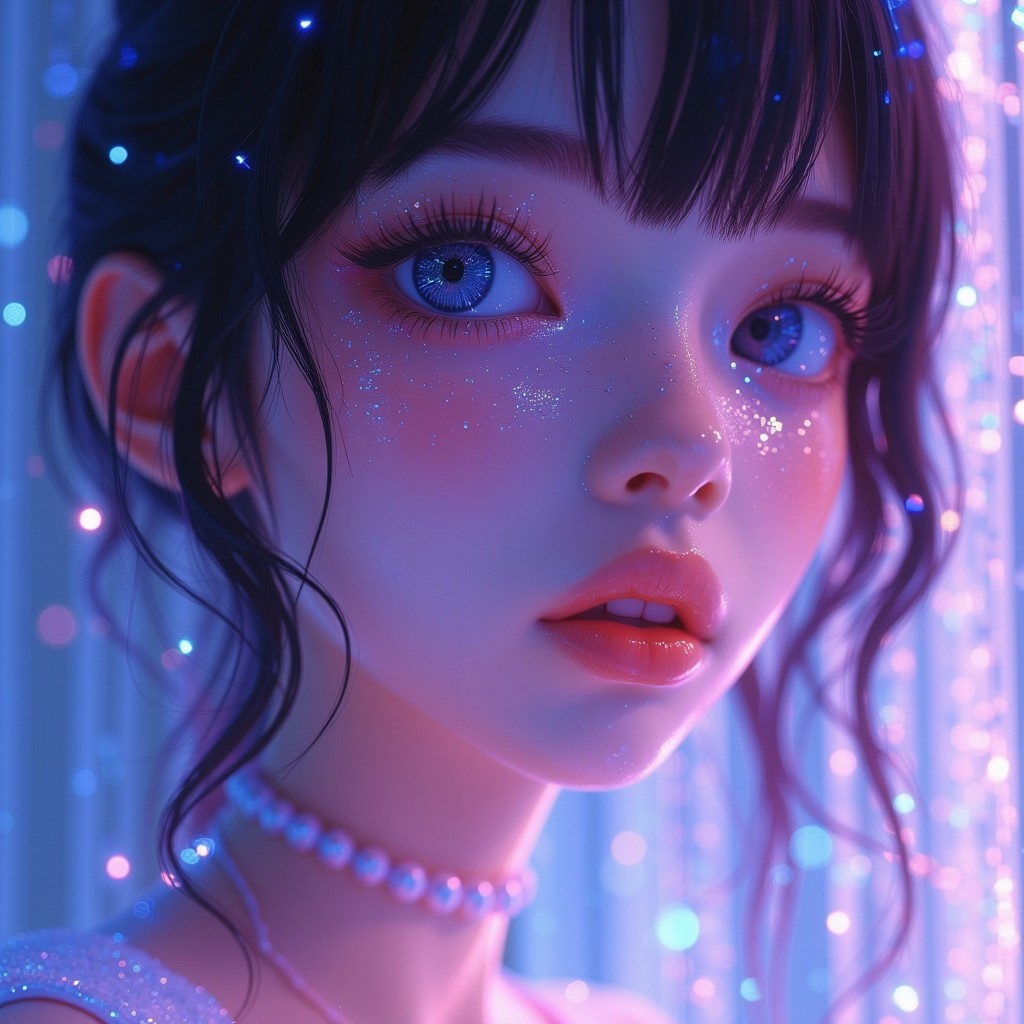 This is a highly detailed, digital artwork in a hyper-realistic style, showcasing a close-up portrait of a young anime woman. The subject has fair, smooth skin with a slight sheen, adorned with glittering, iridescent particles that shimmer in shades of blue, pink, and purple, giving a magical, ethereal quality. Her eyes are a striking blue, with long, thick eyelashes and a subtle, piercing gaze.