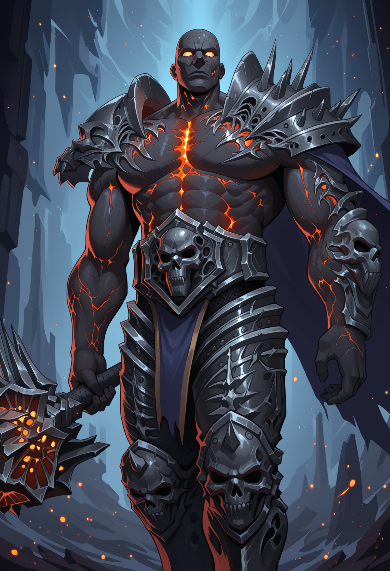 b0lv4r, bald, glowing eyes, no pupils, cracked skin, male focus, muscular, broad shoulders, big pecs, armor, cape, holding mace, dynamic, abstract background, particles,  perfect anatomy, masterpiece, perfect quality, best quality, detailed, newest, very aesthetic    <lora:BurnedBolvarFordragon_WoW_V1_ILXL_r1:1.0>