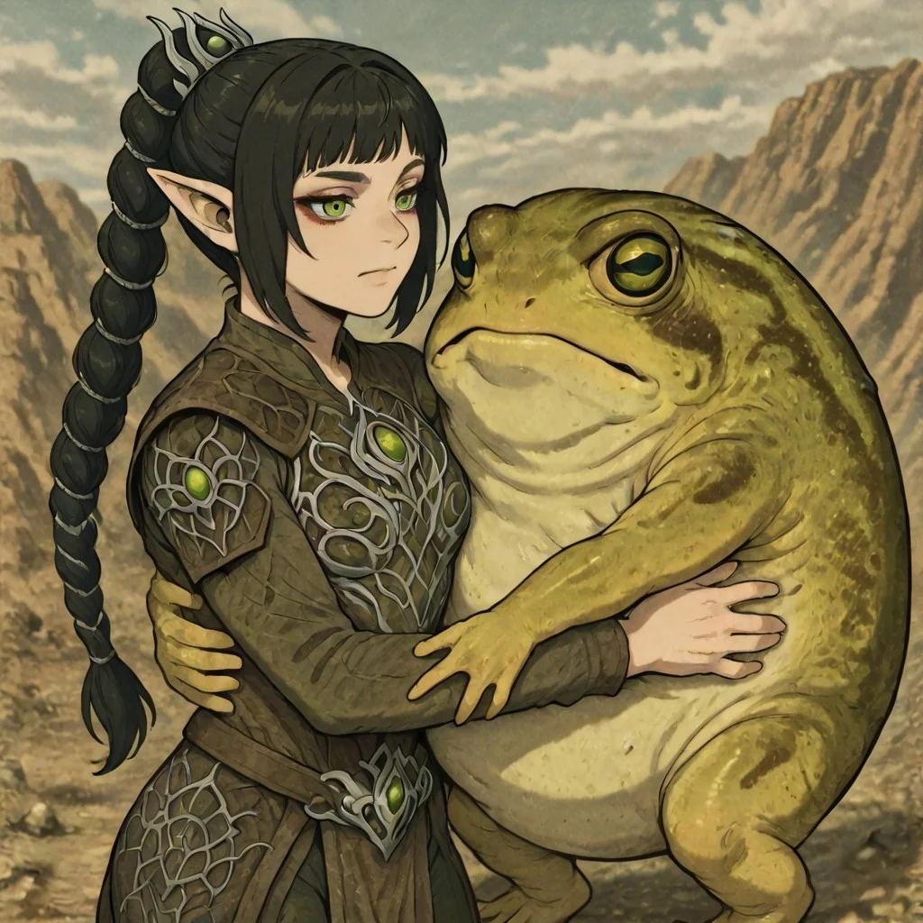 masterpiece, best quality, newest, absurdres, highres, anime, anime style, 1girl, shadowheart \(baldur's gate\), long braid, elf, pointy ears, black hair, braid, side bangs, green eyes, CWKIV1.0, monster, hug, oversized animal, frog, oversized frog, yellow frog,
DRFTPFV1.0, frog, desert rain frog, african rain frog, animal, eldrich monster,