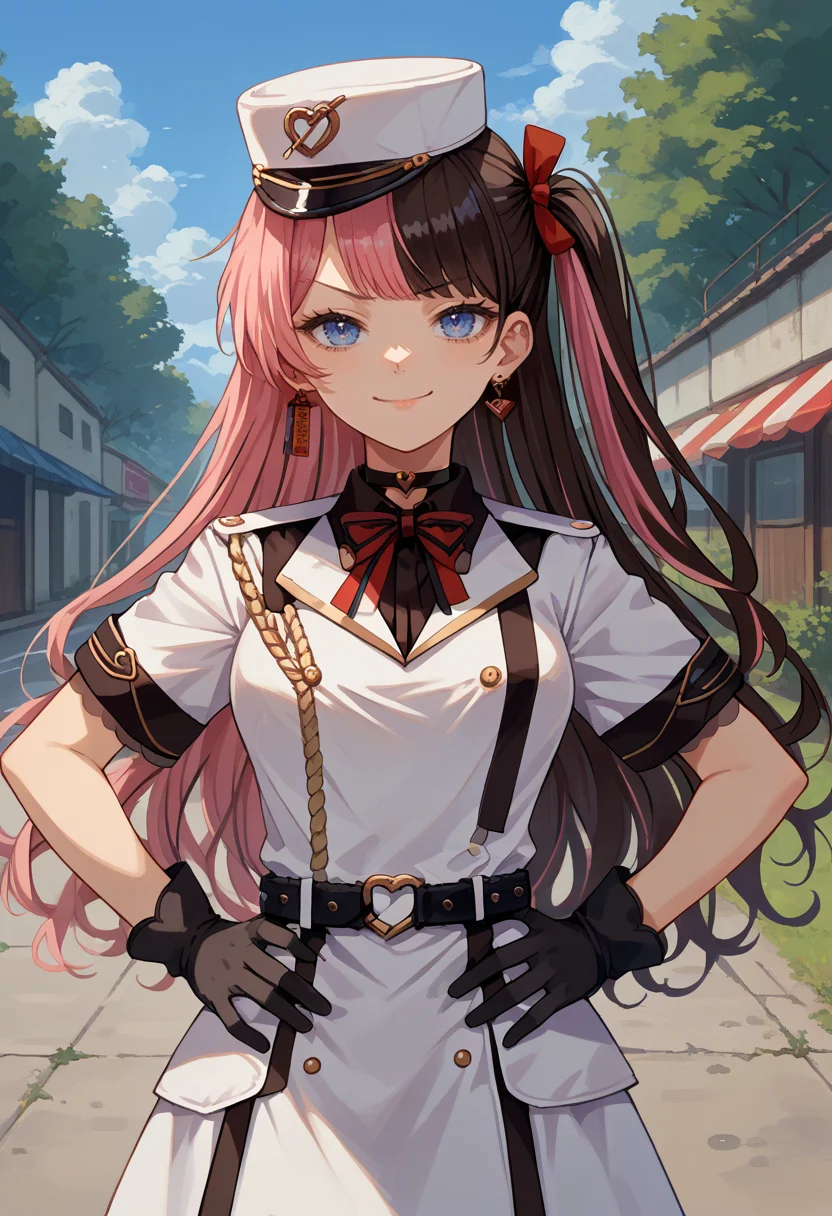 score_9, score_8_up, source_anime, 1girl, solo, HinanoMilitary, two-tone hair, long hair, one side up, white hat, black choker, white uniform, red bowtie, short sleeves, black belt, white skirt, black gloves, hands on hips, outdoors, military base, smirk, <lora:ChamTachibanaHinanoPonyXL:1>