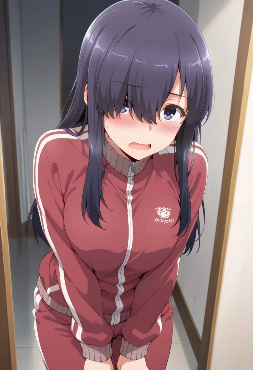 masterpiece,best quality,amazing quality, ayatsuji ayase, dark purple hair, long hair, purple eyes, 1girl, solo, hair over one eye, jacket, track jacket, blush, open mouth, track suit