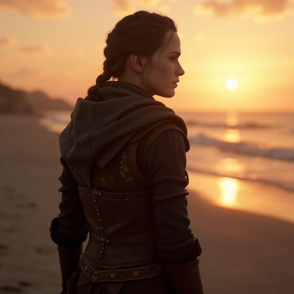 <lora:amicia-de-rune:1>amicia de rune, Amicia de Rune, in medieval attire, on a beach at sunset, with gentle waves in the background, in a concept art style