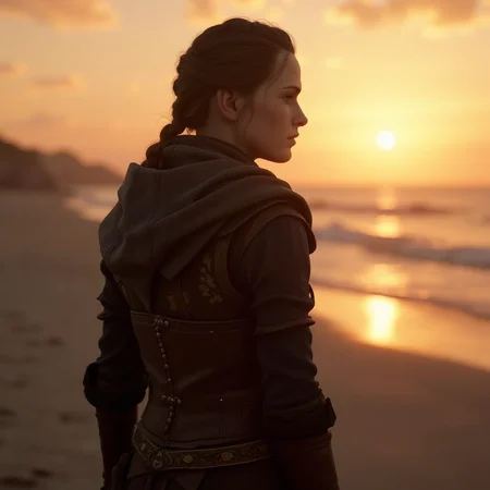 <lora:amicia-de-rune:1>amicia de rune, Amicia de Rune, in medieval attire, on a beach at sunset, with gentle waves in the background, in a concept art style