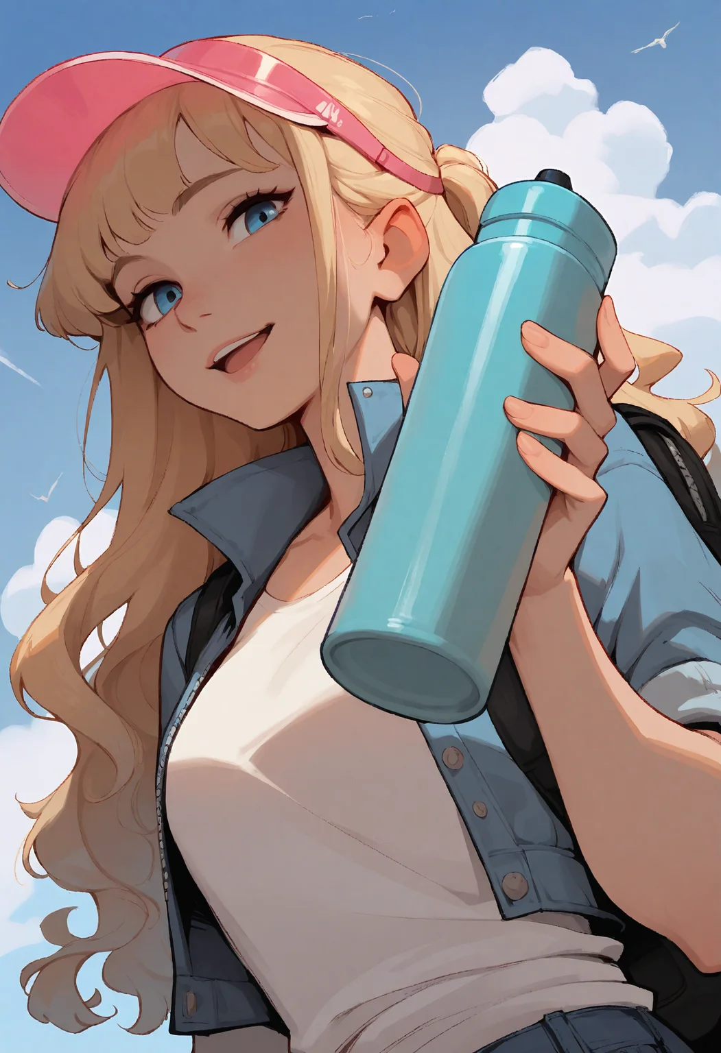 masterpiece, best quality, stylized, 1girl, solo, blonde hair, wavy hair, half updo, sidelocks, choppy bangs, blue eyes, light smile, open mouth, looking at viewer, hand up, holding bottle, aqua thermos, visor cap, pink cap, transparent cap, t-shirt, white shirt, cropped jacket, denim jacket, black backpack, upper body, from below, dutch angle, blue sky, day, cloud, bird