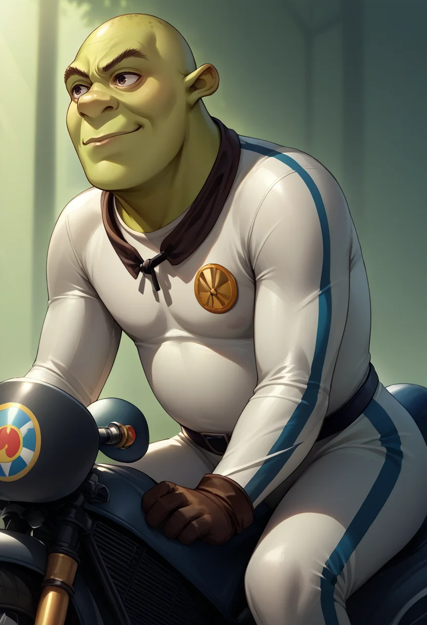 score_9, score_8_up, score_7_up, source_anime, bikesuit, biker clothes, white bodysuit, black belt, <lora:BikesuitsMario_XLPD:1.25>, 1boy, <lora:Shrek_XLPD:0.8> shrek, green skin, smirk, bald, sitting, leaning forward, on motorcycle,