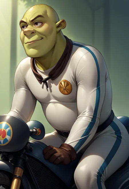 score_9, score_8_up, score_7_up, source_anime, bikesuit, biker clothes, white bodysuit, black belt, <lora:BikesuitsMario_XLPD:1.25>, 1boy, <lora:Shrek_XLPD:0.8> shrek, green skin, smirk, bald, sitting, leaning forward, on motorcycle,