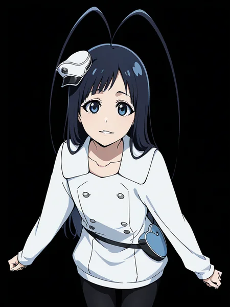 score_9, score_8_up, score_7_up,
1boy, androgynous, giselle gewelle, blue eyes, black hair, long hair, antenna hair,
standing, solo, black background, smile, parted lips, looking at viewer,
mini hat,
military uniform, white dress, long sleeves, collarbone, short dress, double breasted, waist bag, black leggings,