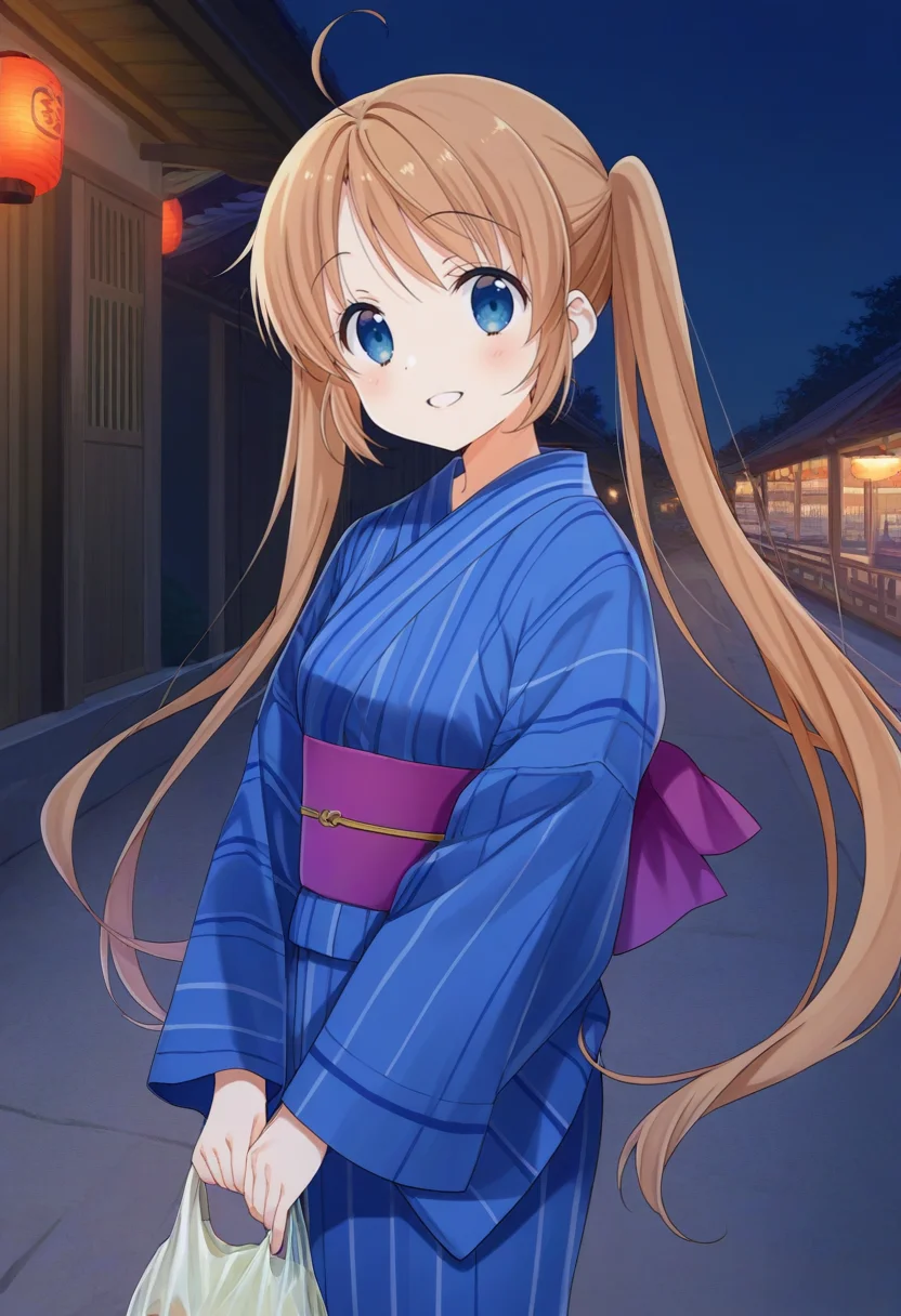 1girl,solo,
ak_chi, japanese clothes, kimono, yukata, brown hair, blue eyes, bag, blue kimono, smile,parted lips,
twintails, very long hair,
masterpiece, best quality,
<lora:SDXL_sk_chi_213_i:0.5>
