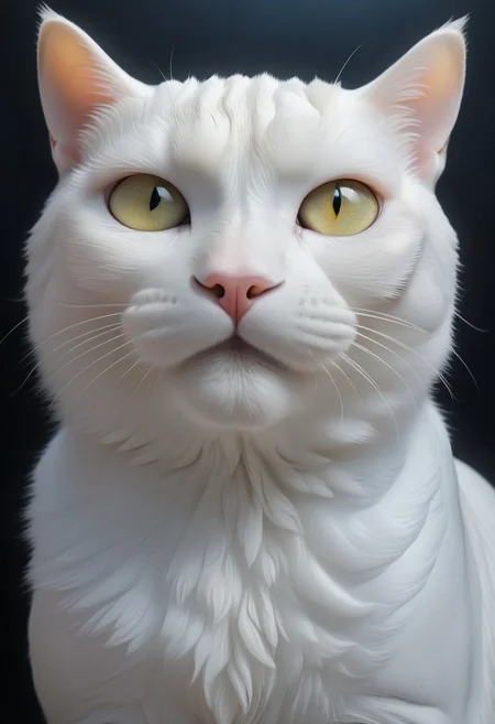 A very realistic extreme upper body photograph of a white cat with strikingly beautiful and unrealistically beautiful, fascinating golden eyes.