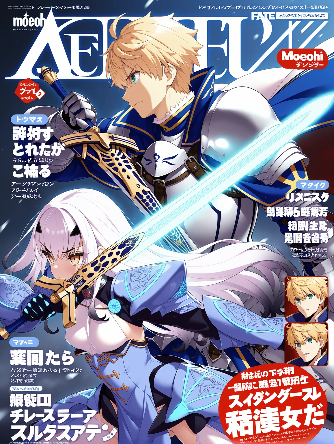 group profile,
1boy,
arthur pendragon \(fate\),
1girl,
melusine \(fate\), holding weapon,
dynamic pose,armor, glowing sword,
magazine cover, dengeki moeoh,
,masterpiece,best quality,amazing quality,