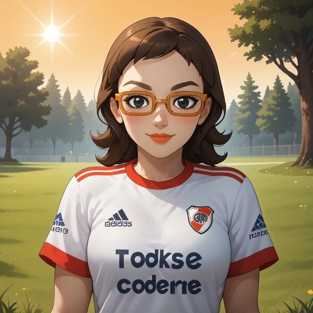 score_9, score_8, BREAK, solo, wii, mii, wii sports, 1girl, female mii, brown hair, orange glasses, black eyes, brown eyebrows, blush, lips, RiverPlate, striped shirt, striped, shirt, white shirt, short sleeves, clothes writing, sportswear, soccer uniform, white pants, cute, shoes, nintendo mii, modern_mii, classic_mii, breasts, Asami_(Wii_Sports), sexy pose, self portrait, smile, outdoors, sunlight, shadows, evening lighting, natural lighting, forest, trees, grass, orange sky, sunset