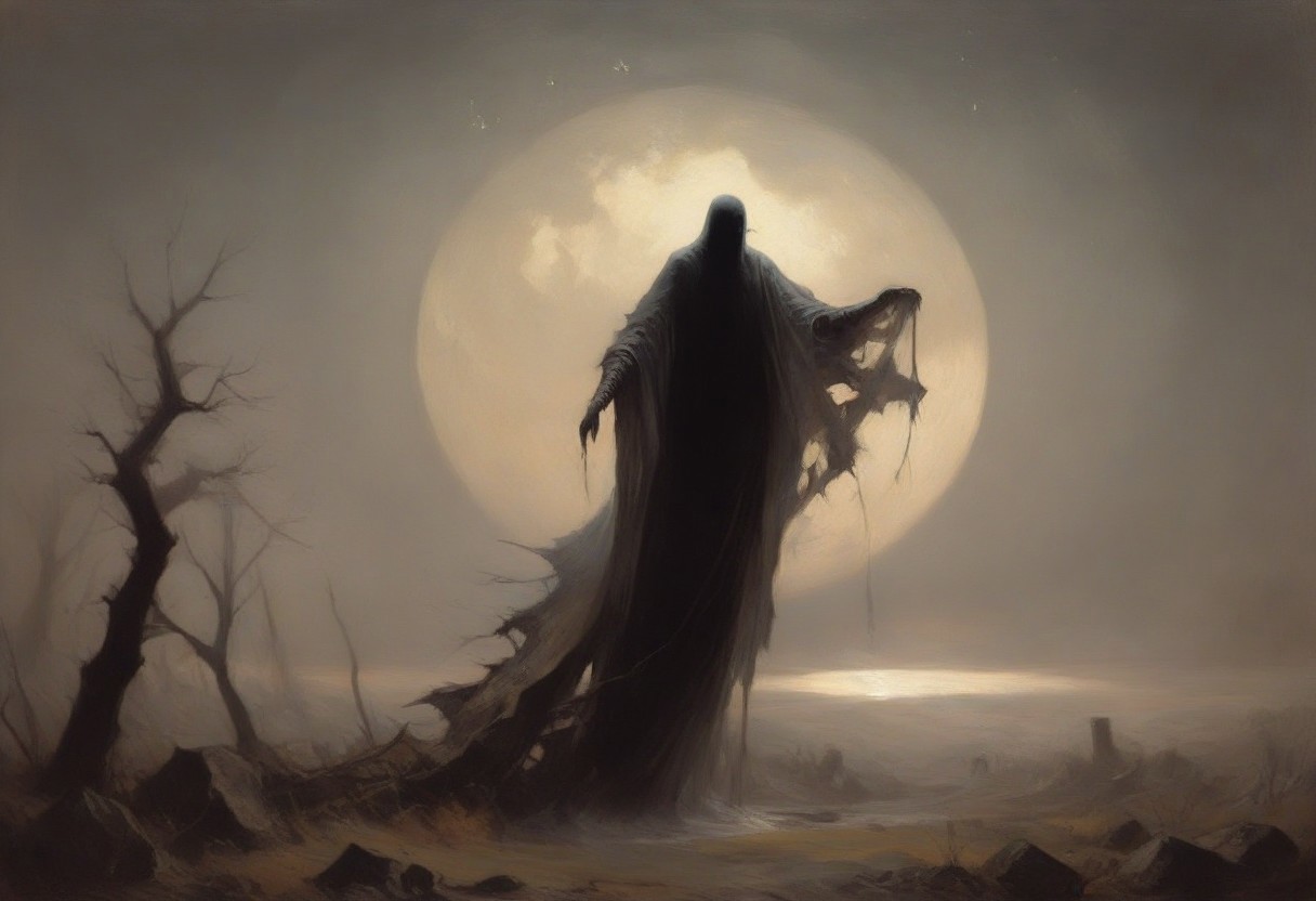 ((score_9, score_8_up, score_7_up)), (high contrast), (flat shapes), vertical lines, oil painting, realistic, grimdark. Post apocalyptic, junk, destroyed technology, dead tree with wide crown, 3 skeletal bodies hanging from the tree, bodies in rags, rags blowing in wind. surreal background, under a dark starry sky. The style of a vintage, high-contrast setting. Emphasize theatrical elements, extreme contrast of bright colors against dark, moody backgrounds, ph4nt0m01l, , style-empire, hand
