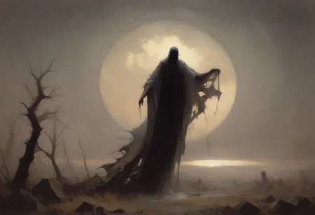 ((score_9, score_8_up, score_7_up)), (high contrast), (flat shapes), vertical lines, oil painting, realistic, grimdark. Post apocalyptic, junk, destroyed technology, dead tree with wide crown, 3 skeletal bodies hanging from the tree, bodies in rags, rags blowing in wind. surreal background, under a dark starry sky. The style of a vintage, high-contrast setting. Emphasize theatrical elements, extreme contrast of bright colors against dark, moody backgrounds, ph4nt0m01l, , style-empire, hand