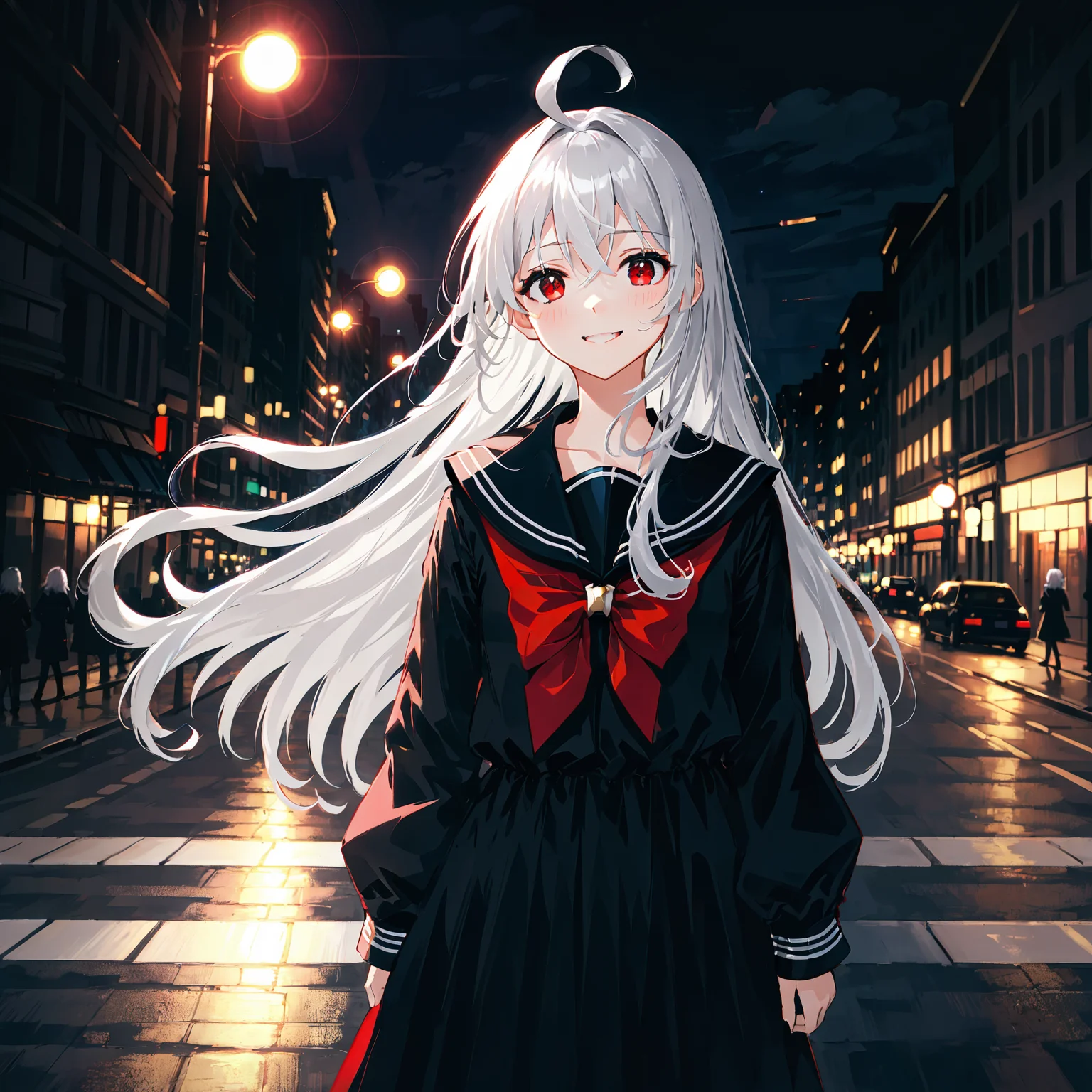 best quality,masterpiece,depth of field,Cinematic Lighting,(1girl),full body,elegant,solo,panorama,bust shot,sunset,twilight, long hair,(hair between eyes:1.2),silver hair,ahoge,gray inner hair,red eyes,black sailor collar, black serafuku, long sleeves,seductive smile,dark,cityscape,night,intense shadows,(dynamic angle:1.2),The street,pedestrians<lora:last:0.75>