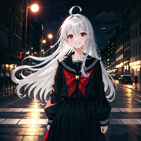 best quality,masterpiece,depth of field,Cinematic Lighting,(1girl),full body,elegant,solo,panorama,bust shot,sunset,twilight, long hair,(hair between eyes:1.2),silver hair,ahoge,gray inner hair,red eyes,black sailor collar, black serafuku, long sleeves,seductive smile,dark,cityscape,night,intense shadows,(dynamic angle:1.2),The street,pedestrians<lora:last:0.75>