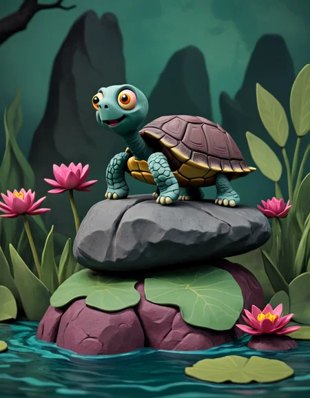 novuschroma51 style turtle on a rock in water with water lilies claymation <lora:novuschroma51 style_claymation:1>